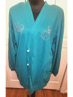 The Way Vintage 80's Knit Teal Cardigan Tunic Rhinestone Salamander XL Bling